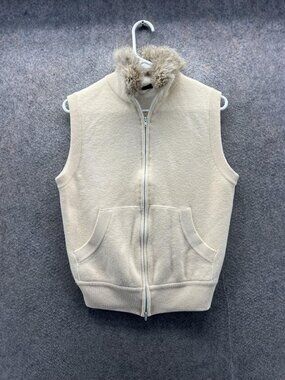 Luciano Barbera Sweater Men Medium Cream Full Zip Fur Collar Knit Vest Wool